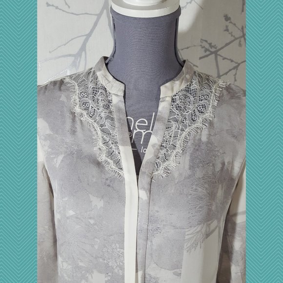 Elie Tahari Ivory & Gray Floral Printed Silk Pullover Blouse w/ Lace Detail - Picture 2 of 6